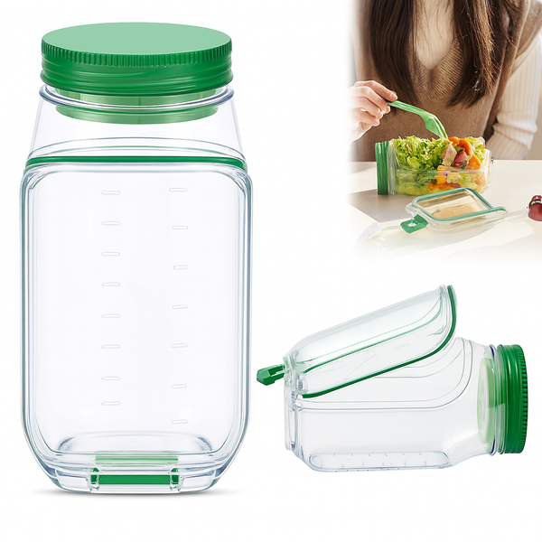 Salad Jar with Side Opening and Dressing Bowl, Reusable Mason Jar Salad Container for Meal Prep and Lunch, Leakproof Glass Lunch Jar, Microwave, Freezer & Dishwasher Safe, BPA-Free Portable Food Storage