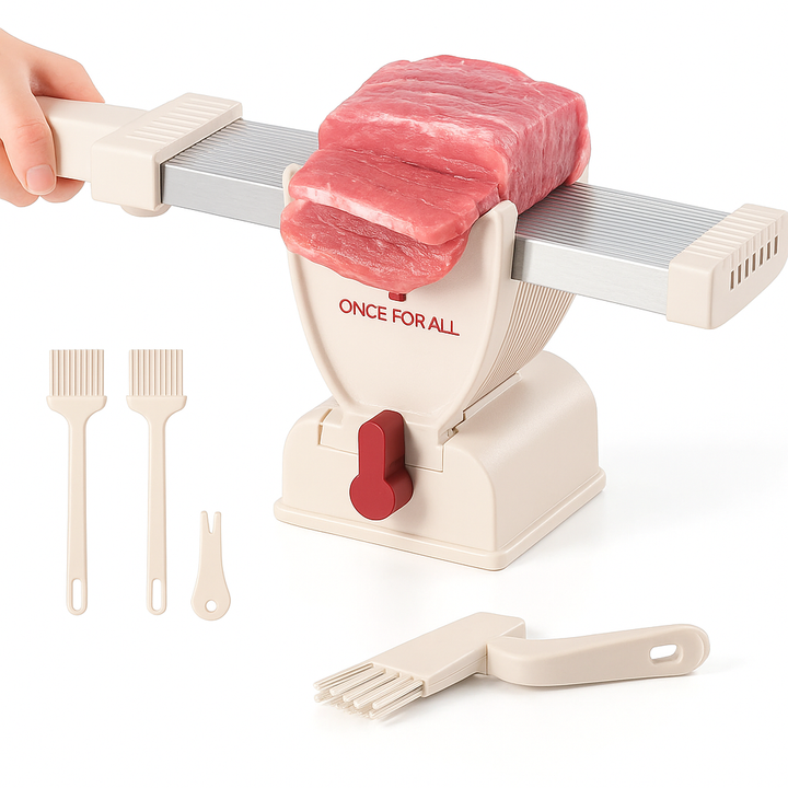 Manual meat slicer set for home use with a hand holding meat and various attachment tools.