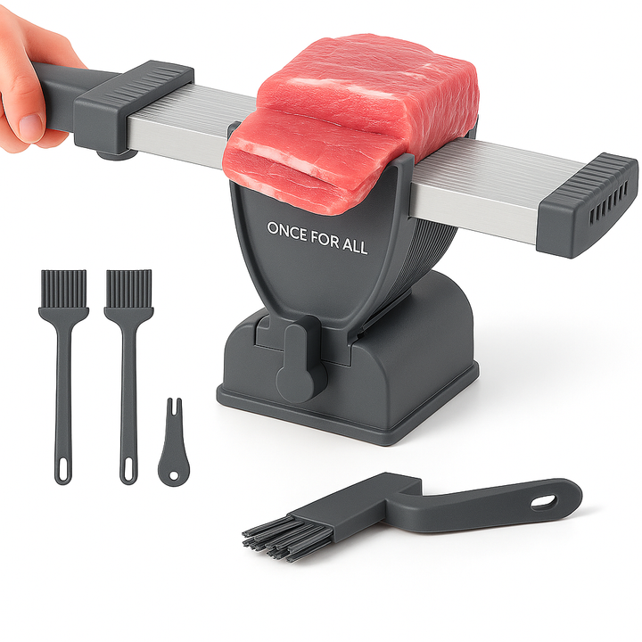 Manual meat slicer set for home use with fresh meat and kitchen tools for precise slicing and food prep.