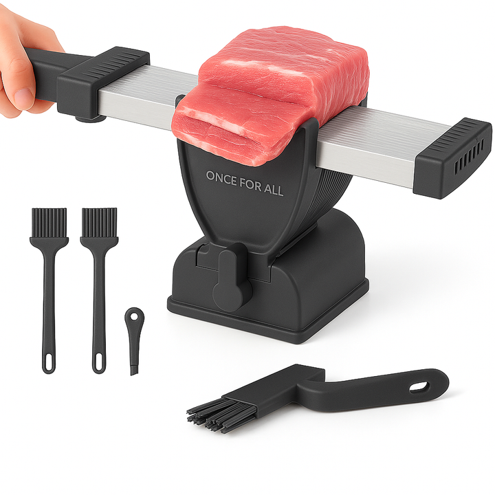 Manual meat slicer set for home use with stainless steel blade slicing fresh meat for easy food preparation.