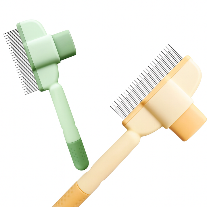 Self-cleaning pet grooming brush for dogs and cats, featuring ergonomic handles and deshedding combs in green and beige.