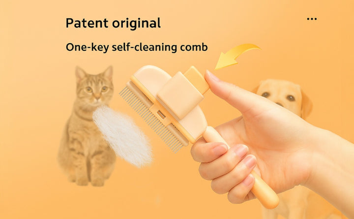 Self-cleaning pet grooming brush in hand with cat and dog in background, showcasing its one-key cleaning feature.