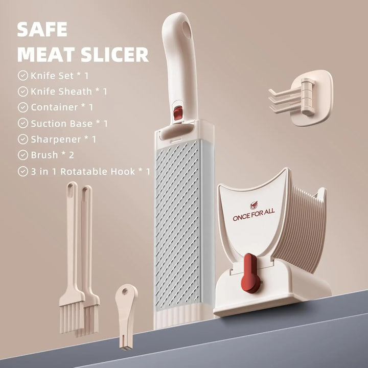 Manual meat slicer set for home use including knife, sheath, container, suction base, sharpener, brush, and hook.