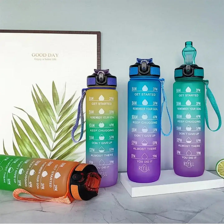 Motivational Gradient Water Bottle – 1L with Straw & Time Marker 💧