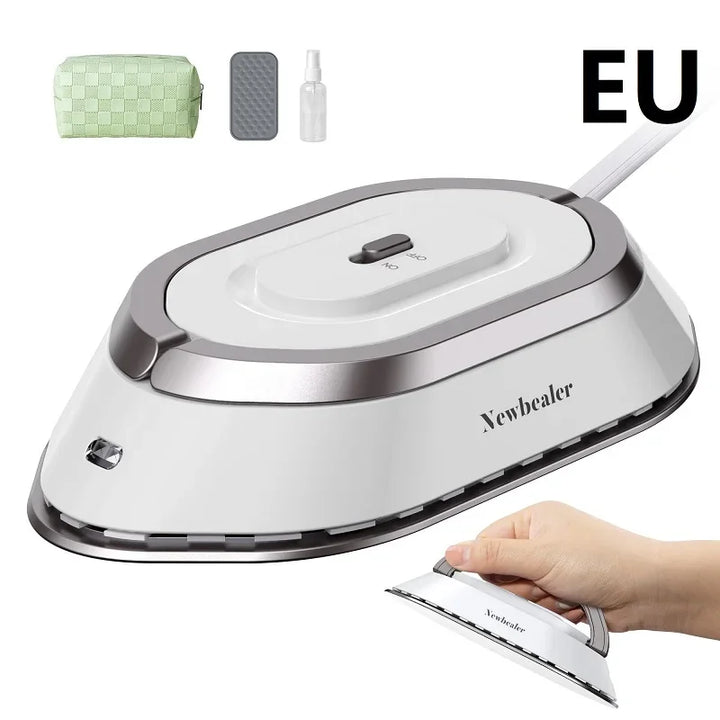 Travel iron with dual voltage 120V/220V, compact design, non-stick ceramic soleplate for quick wrinkle removal.