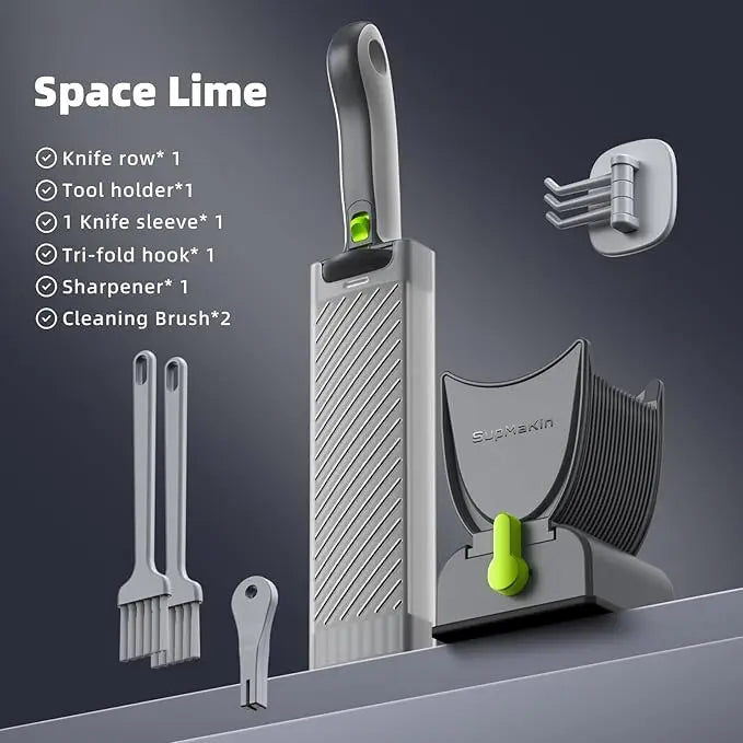 Products included in the Space Lime Knife Set, featuring a knife row, tool holder, knife sleeve, sharpening tools, and cleaning brushes.