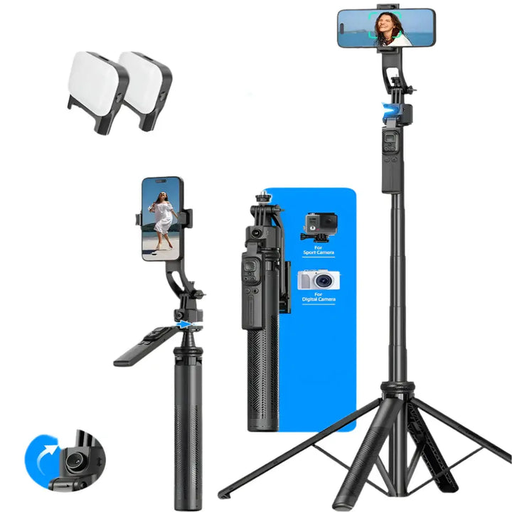 AI-Tracking Selfie Stick with 360° Auto-Rotation, Two Light