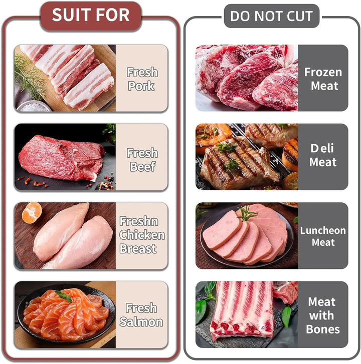 Manual meat slicer set for home use: suitable for fresh pork, beef, chicken, salmon; not for frozen, deli, luncheon meats, or bones.