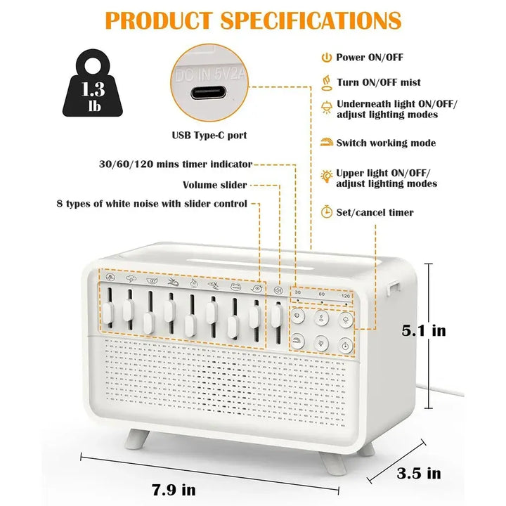 White Noise Sleep Aid Bluetooth Speaker Night Light Humidifier 3-in-1 with 8 Nature Sounds - Ebtkr