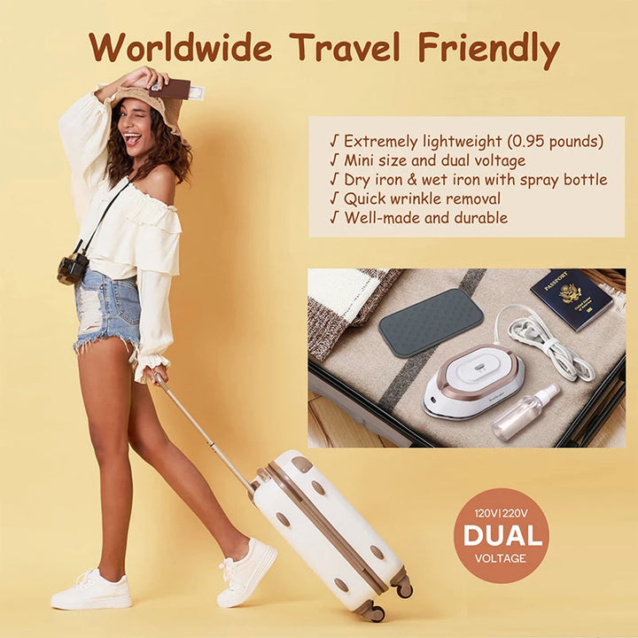 Dual voltage travel iron and travel accessories displayed with a woman smiling, showcasing worldwide travel friendly features.