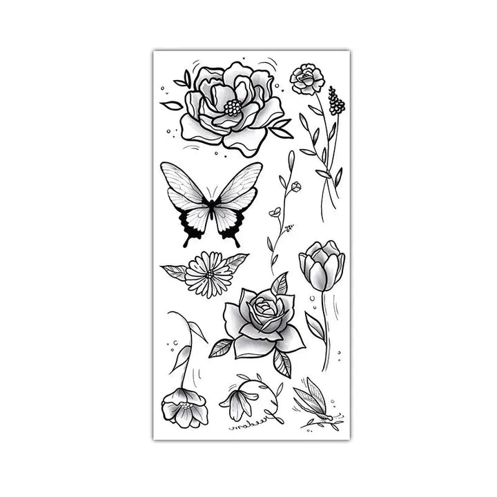 Black Large Flower False Tattoo Sticker Rose Peony Temporary Water Transfer DIY Tattoos - Ebtkr