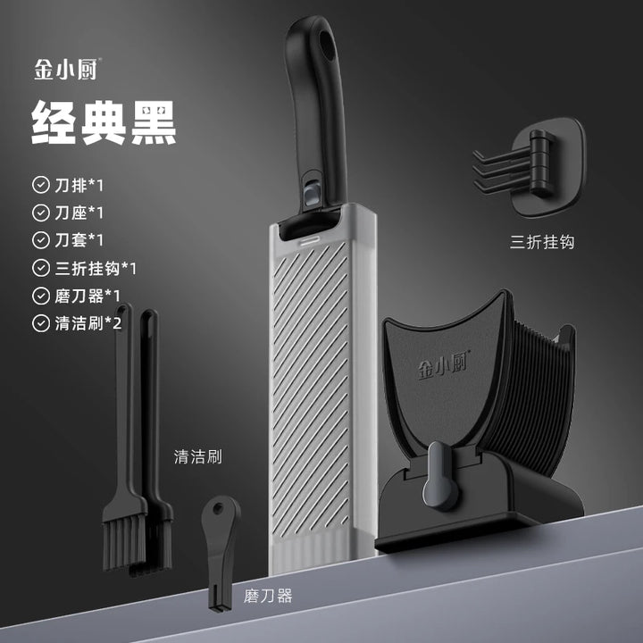 Manual meat slicer set for home use showing various kitchen tools including cleaver, knife, and cleaning brush.