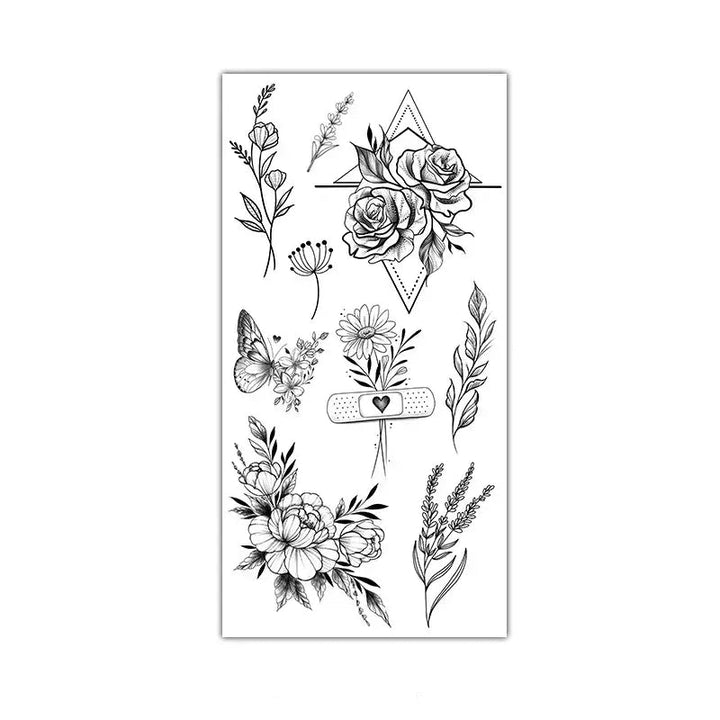Black Large Flower False Tattoo Sticker Rose Peony Temporary Water Transfer DIY Tattoos - Ebtkr