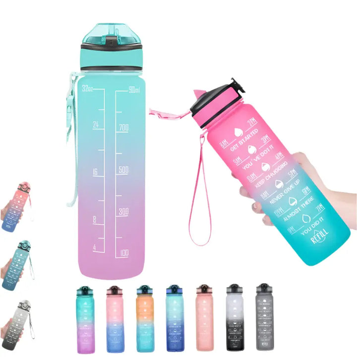 Motivational Gradient Water Bottle – 1L with Straw & Time Marker 💧