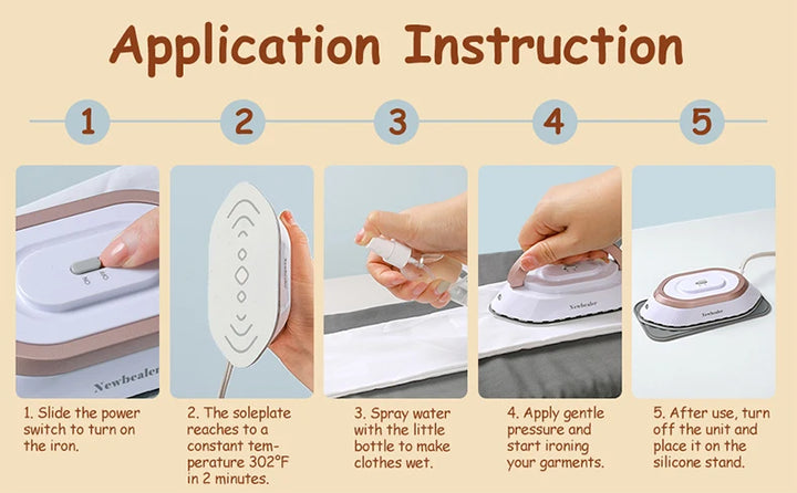 Application instructions for dual voltage travel iron with steps for use and maintenance.