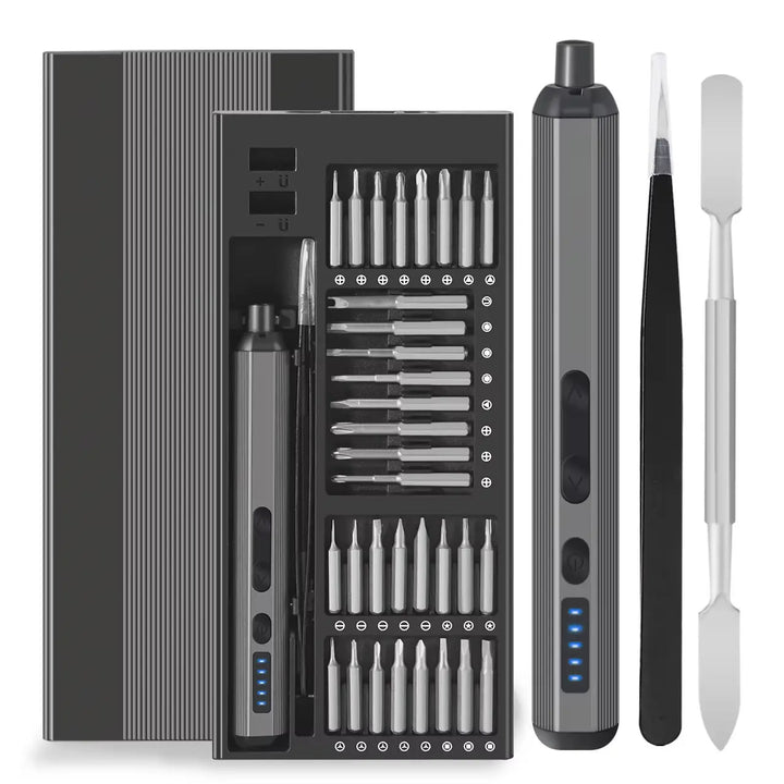 Set of electronic tools including a screwdriver, tweezers, and other precision instruments on a white background.