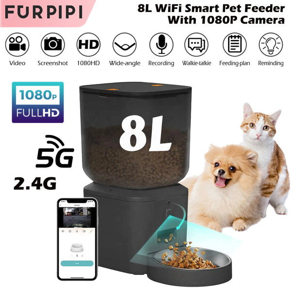 8L Automatic Cat Feeder with 1080p Camera and 5G WiFi, Smart Pet Food Dispenser for Cats and Dogs with APP Control, Voice Recorder, Portion Control & Scheduled Feeding