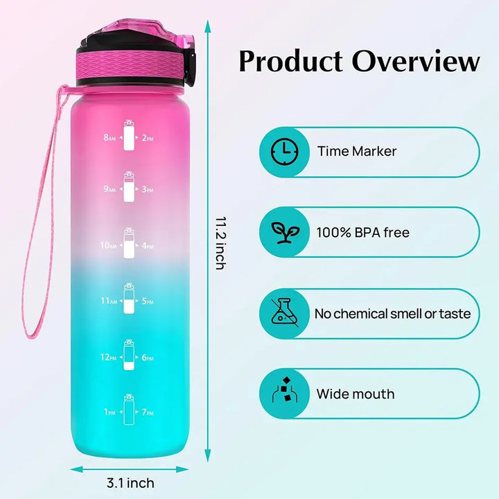 Motivational Gradient Water Bottle – 1L with Straw & Time Marker 💧