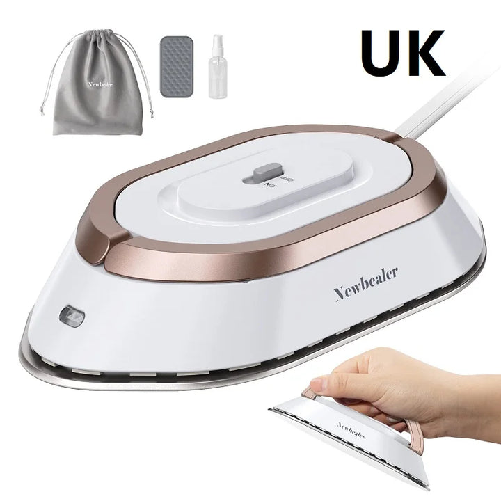 Dual voltage travel iron for compact, wrinkle-free clothes with accessories like bag and spray bottle.