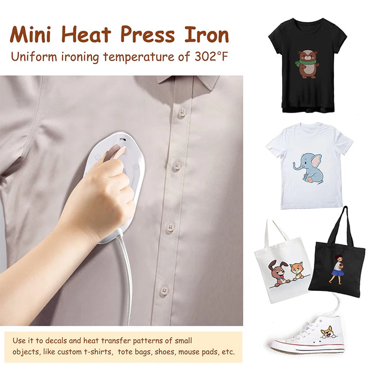 Mini heat press iron with a uniform ironing temperature of 302°F, ideal for t-shirts and small fabric items.