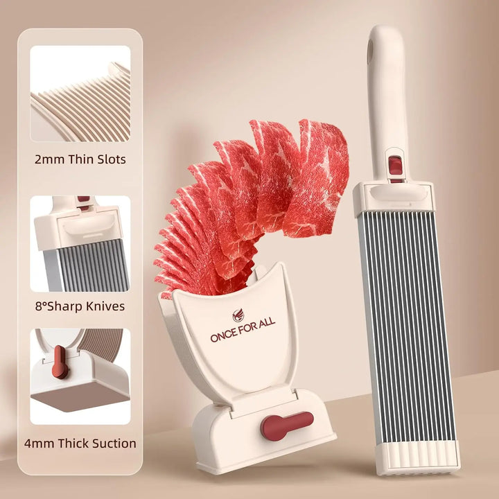 Manual meat slicer set for home use with sharp knives and thin slots for precise slicing of beef.