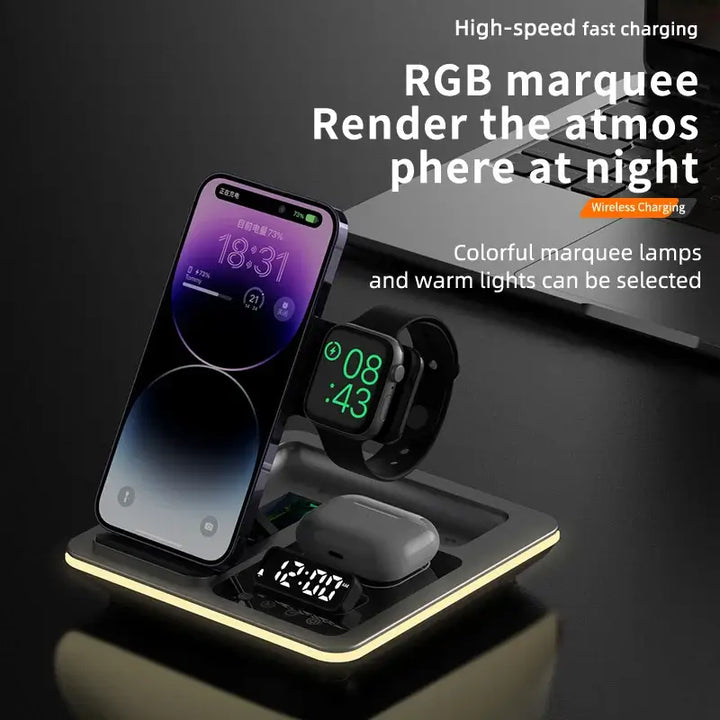 5-in-1 Magnetic Wireless Fast Charger Dock Station with Warm Light for Galaxy S25 Ultra, S24, S23, Apple iPhone & Watch Series - Ebtkr