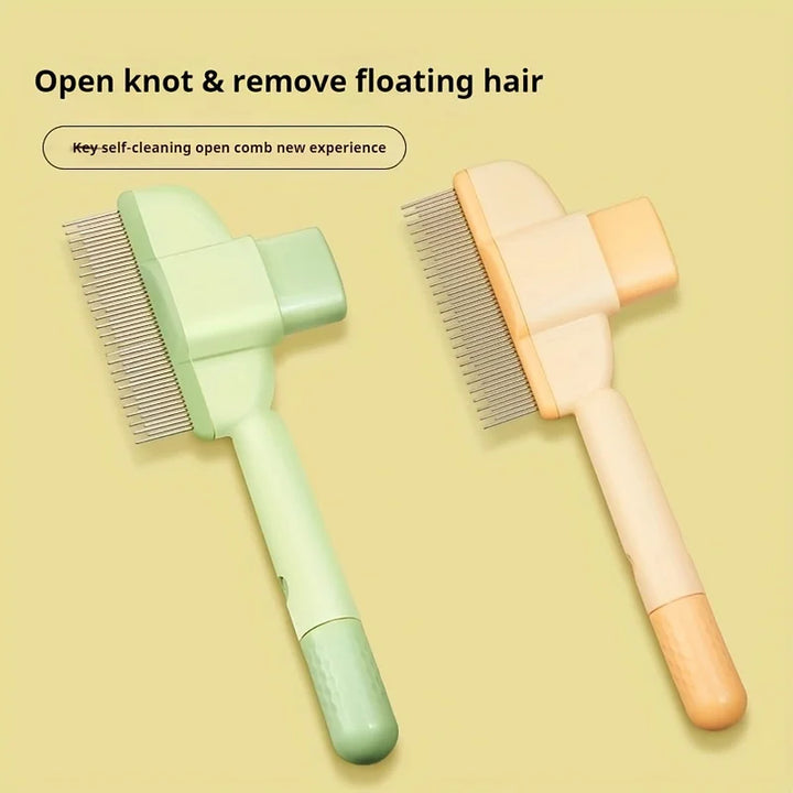 Self-cleaning pet grooming brush for dogs and cats, featuring open knot and hair removal design.