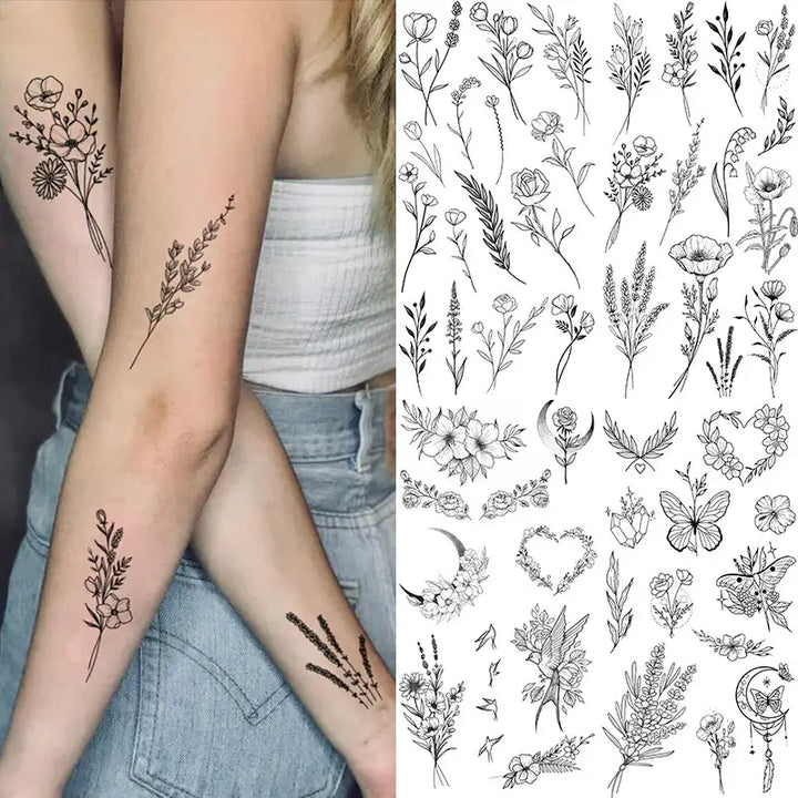 Black Large Flower False Tattoo Sticker Rose Peony Temporary Water Transfer DIY Tattoos - Ebtkr