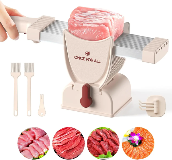 Manual meat slicer set for home use showcasing slicing machine with meat on the tray, ideal for beef and chicken prep.