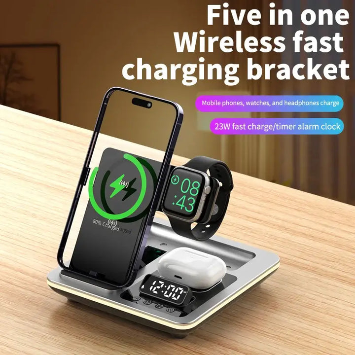 5-in-1 Magnetic Wireless Fast Charger Dock Station with Warm Light for Galaxy S25 Ultra, S24, S23, Apple iPhone & Watch Series - Ebtkr