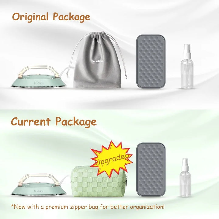 Comparison of Travel Iron packages: Original vs. Current with premium zipper bag, showcasing enhancements for better organization.
