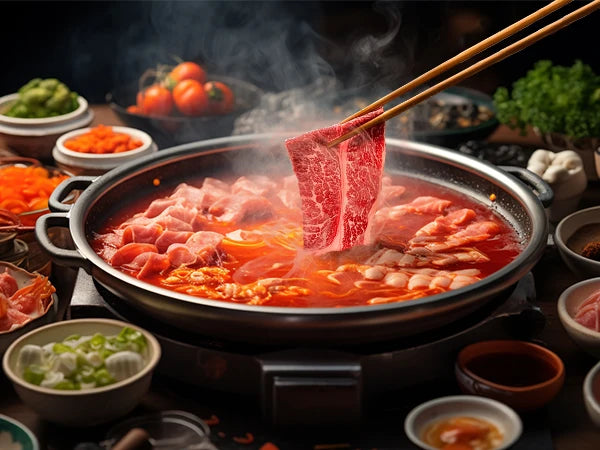 Manual meat slicer set for home use with thinly sliced beef in hot pot, surrounded by fresh ingredients and sauces.