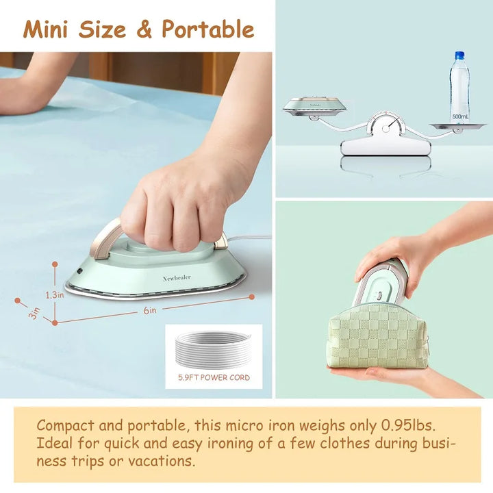 Compact dual voltage travel iron designed for easy carrying and quick ironing during trips.