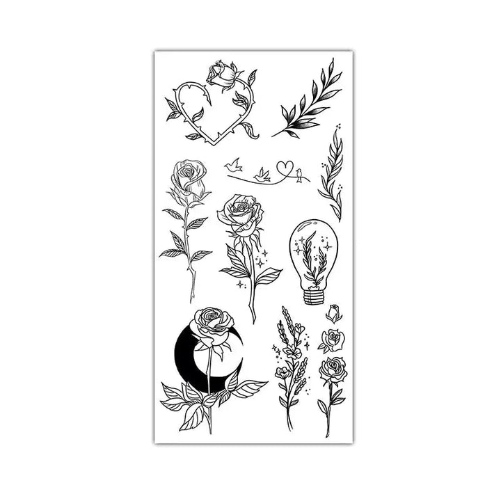 Black Large Flower False Tattoo Sticker Rose Peony Temporary Water Transfer DIY Tattoos - Ebtkr