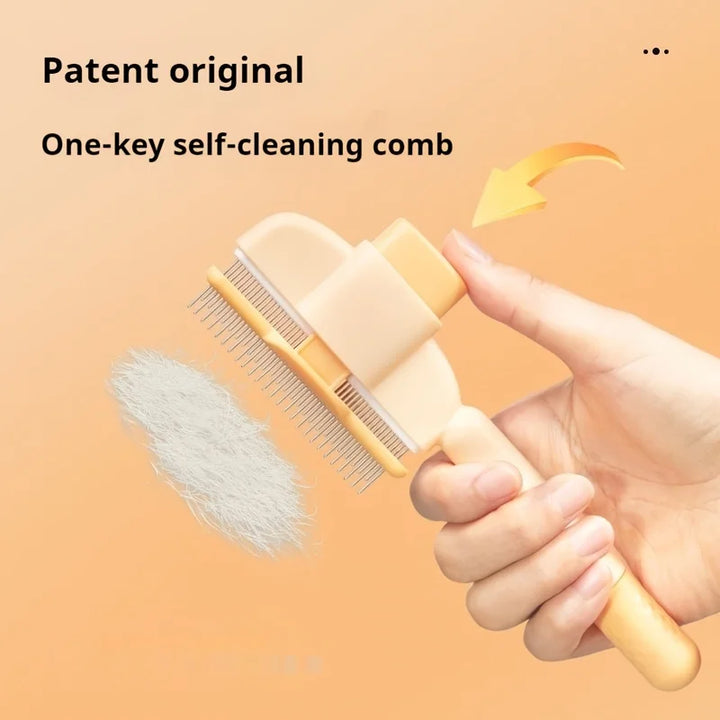 Self-cleaning pet grooming brush in use, showing one-key self-cleaning feature to remove pet hair effortlessly.