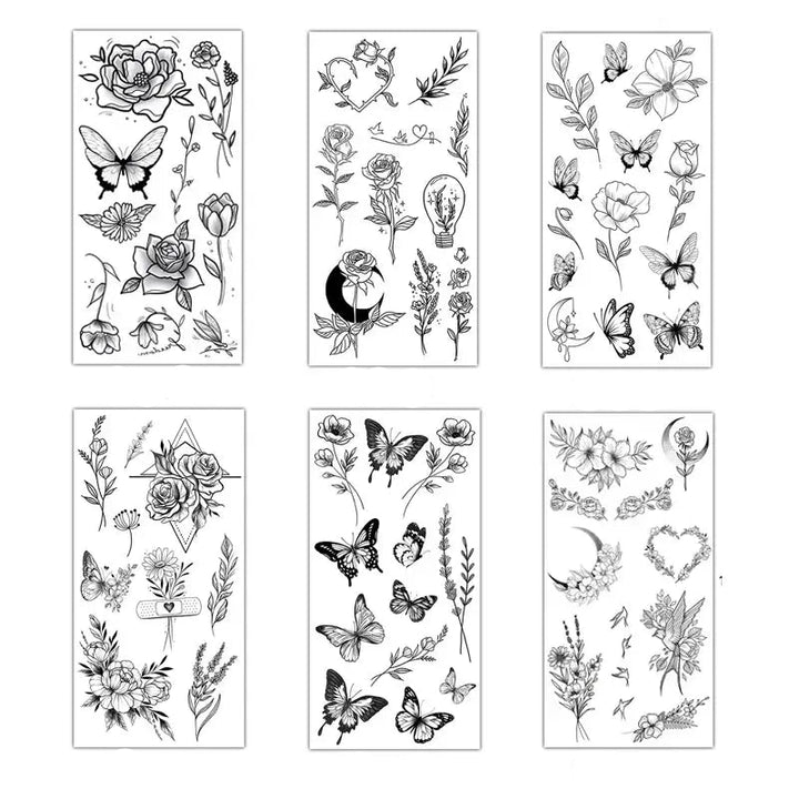 Black Large Flower False Tattoo Sticker Rose Peony Temporary Water Transfer DIY Tattoos - Ebtkr