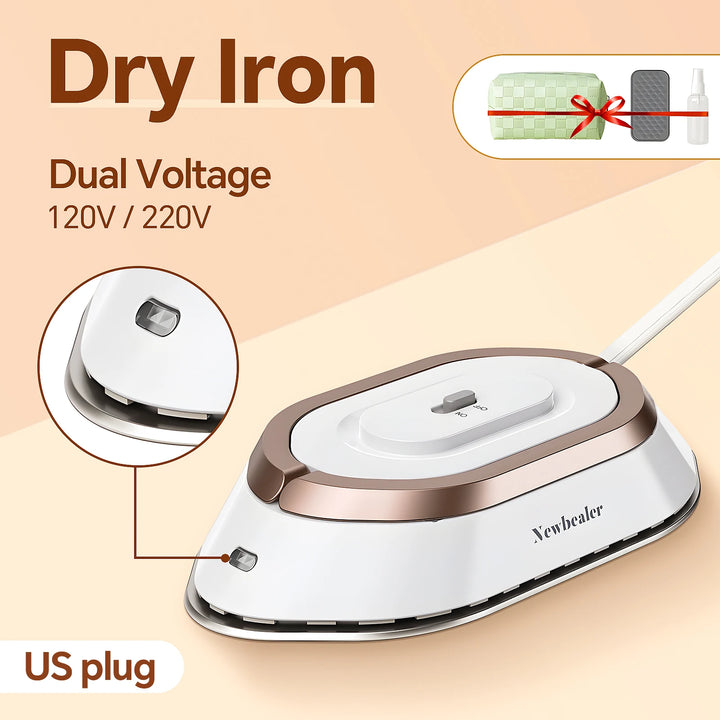 Dual voltage travel iron with 120V/220V, compact design and US plug, ideal for travel and home use.
