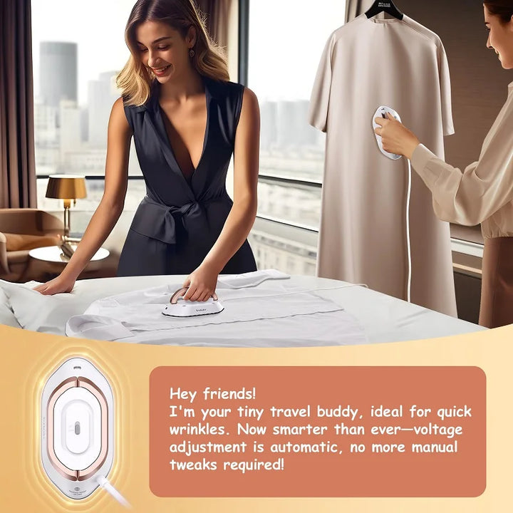 Woman using a dual voltage travel iron on a shirt with a dress hanging in the background, showcasing ease of wrinkle removal.