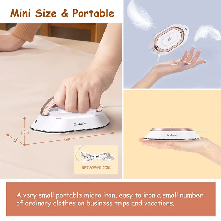 Travel Iron with Dual Voltage 120V/220V, mini size and portable for easy use on business trips and vacations.