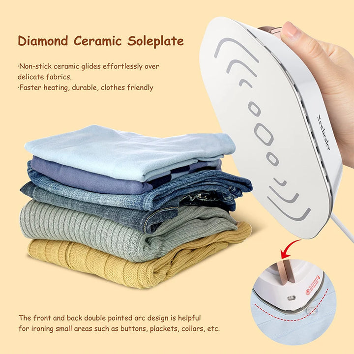 Diamond ceramic soleplate of dual voltage travel iron, gliding over stacked clothes for effortless ironing on delicate fabrics.