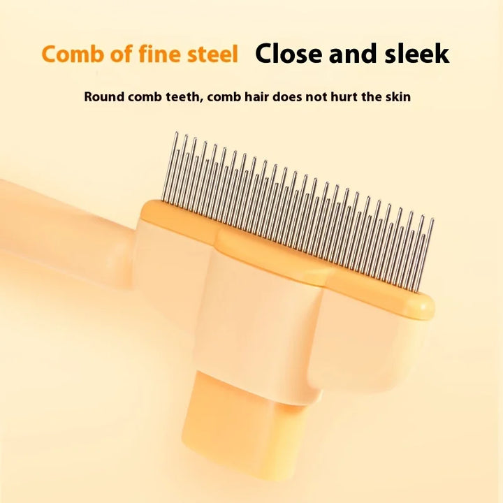 Close-up of self-cleaning pet grooming brush with fine steel teeth, designed for gentle grooming without hurting the skin.