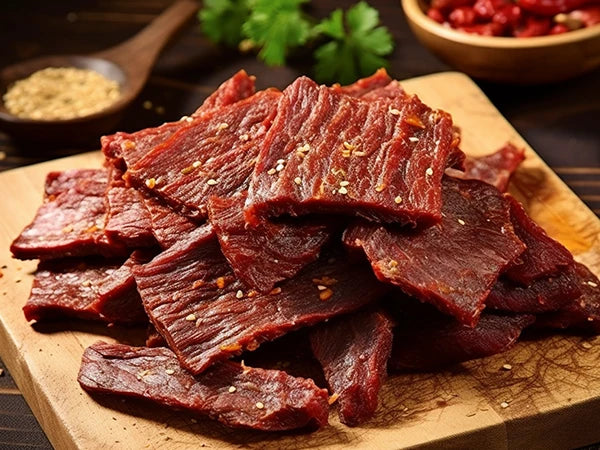 Sliced cooked beef pieces on a wooden board, showcasing a variety of cuts for meals prepared using a manual meat slicer set for home use.