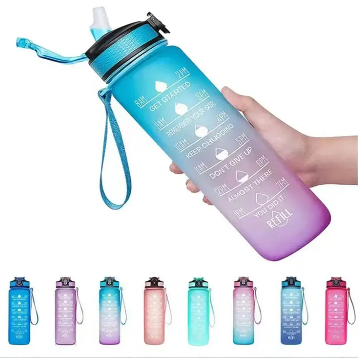 Motivational Gradient Water Bottle – 1L with Straw & Time Marker 💧