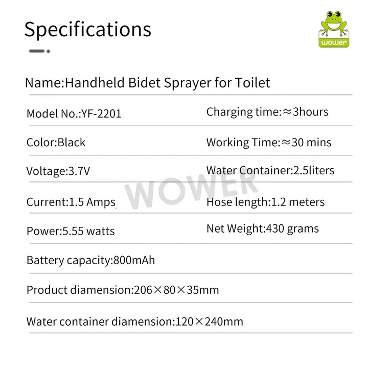 Portable Electric Bidet 2.5L Rechargeable Shataf Hand Sprayer Black/White for Personal Hygiene - Ebtkr
