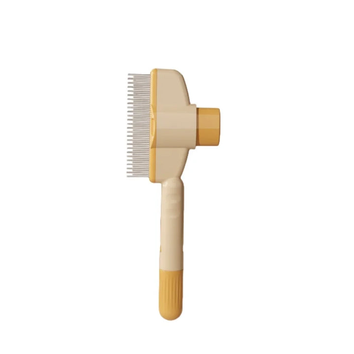 Self-cleaning pet grooming brush for effective deshedding with quick-release hair removal feature.