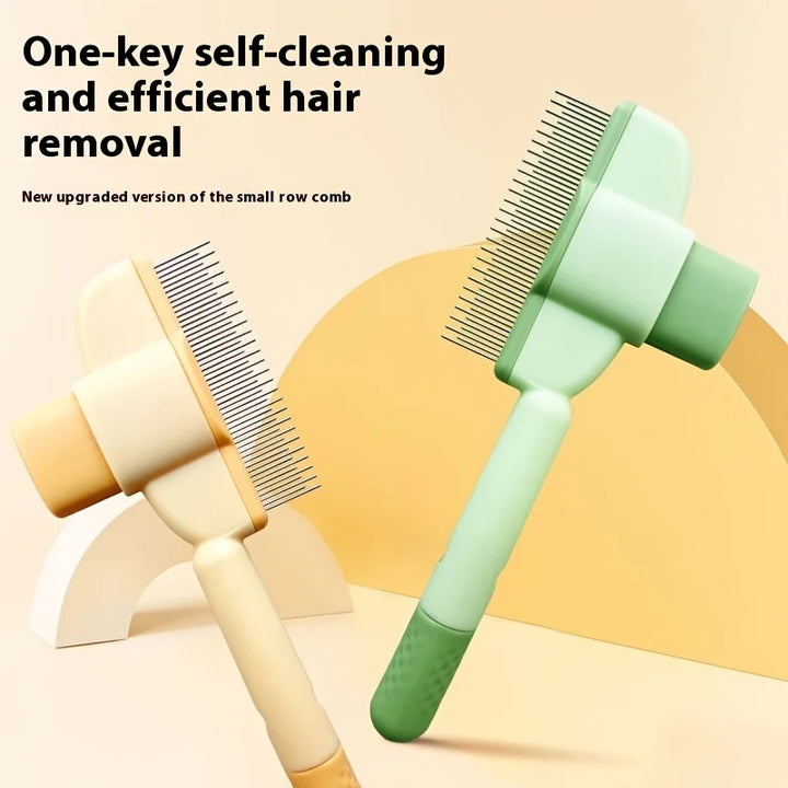 Self-cleaning pet grooming brush for efficient hair removal, featuring an easy-to-use design and ergonomic handle.
