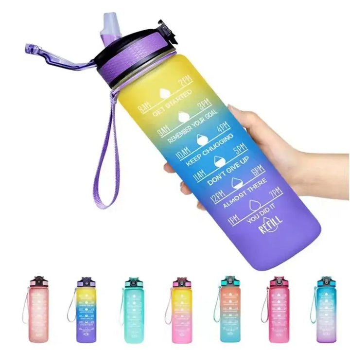 Motivational Gradient Water Bottle – 1L with Straw & Time Marker 💧