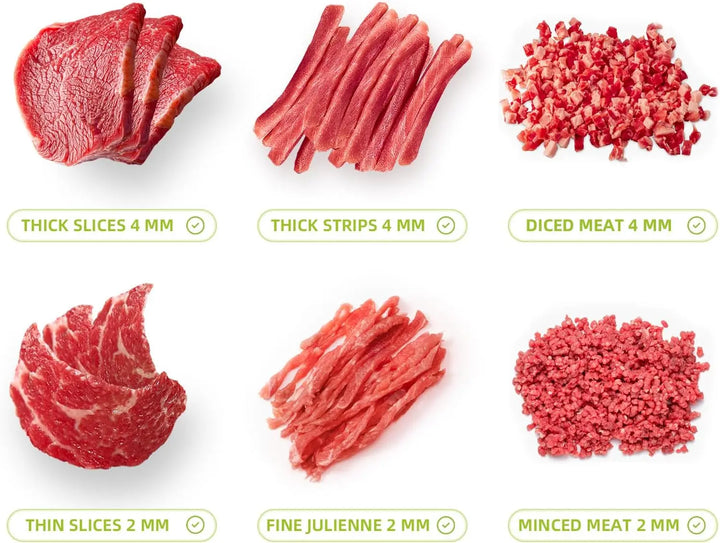 Manual meat slicer set for home use showcasing different meat cuts: thick slices, strips, diced, julienne, and minced.