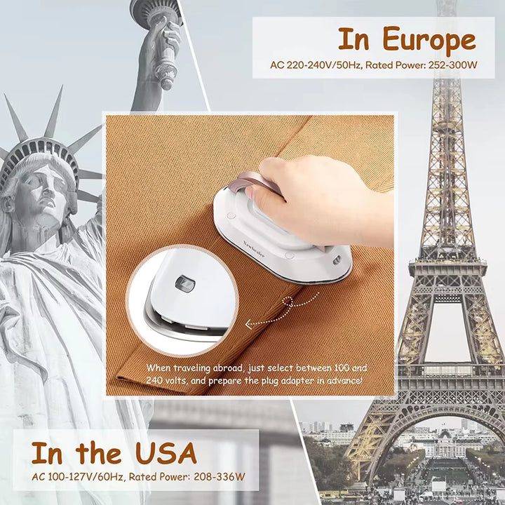 Travel iron with dual voltage 120V/220V shown on fabric, demonstrating usability in Europe and the USA.
