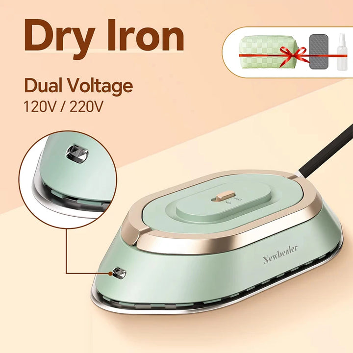 Travel iron with dual voltage 120V/220V featuring a non-stick ceramic soleplate and compact design.